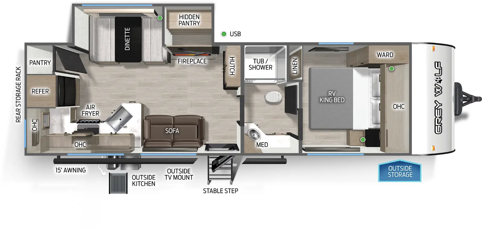 The Grey Wolf 26SS floorplan has one entry and one slide out. Exterior features include: metal exterior, 15' awning and outside kitchen. Interiors features include: rear kitchen, front bedroom and pass through bathroom.